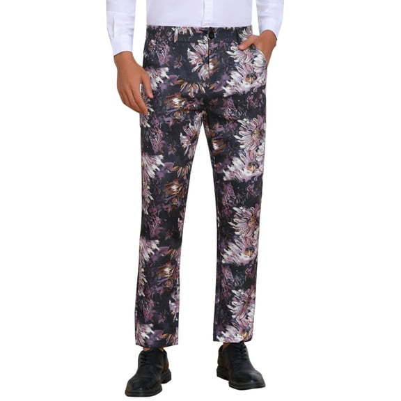 INSPIRE CHIC Floral Pants for Men's Pattern Trousers Straight Leg Flat Front Flower Printed Pants 28 Purple