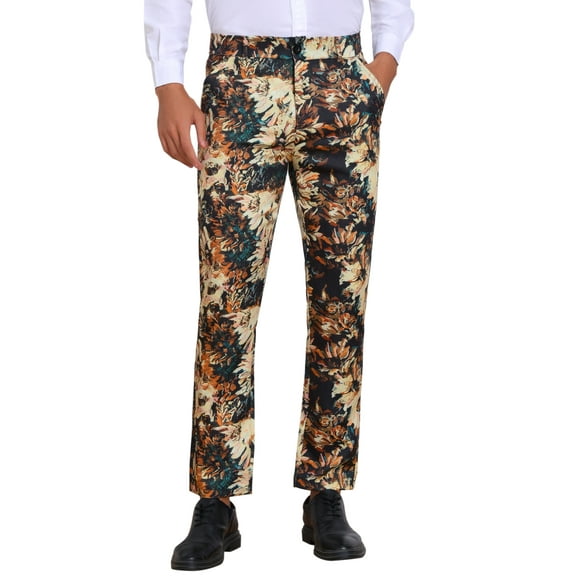 INSPIRE CHIC Floral Pants for Men's Pattern Trousers Straight Leg Flat Front Flower Printed Pants 30 Black