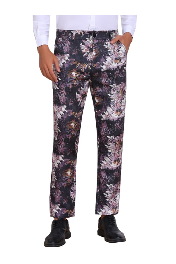 Floral Pants for Men's Pattern Trousers Straight Leg Flat Front Flower Printed Pants 36 Purple