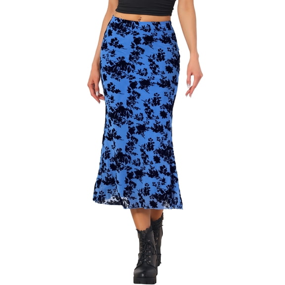 INSPIRE CHIC Floral Skirt for Women's Elastic High Waist Mesh Fishtail Fall Winter Elegant Midi Skirt XS Blue