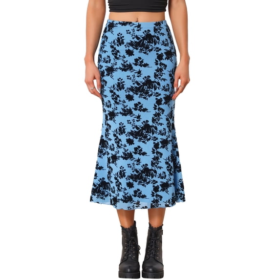 INSPIRE CHIC Floral Skirt for Women's Elastic High Waist Mesh Fishtail Fall Winter Elegant Midi Skirt XS Light Blue
