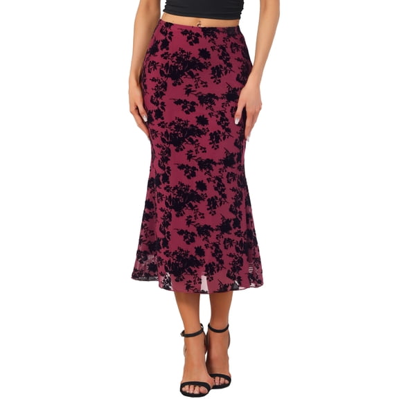INSPIRE CHIC Floral Skirt for Women's Elastic High Waist Mesh Fishtail Fall Winter Elegant Midi Skirt XS Red