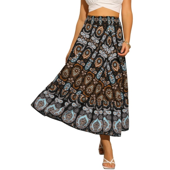 INSPIRE CHIC Floral Skirts for Women's Boho Elastic High Waist Casual Beach Flowy Maxi Skirt XS Black
