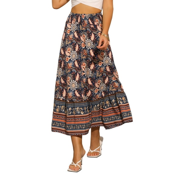 INSPIRE CHIC Floral Skirts for Women's Boho Elastic High Waist Casual Beach Flowy Maxi Skirt XS Dark Blue