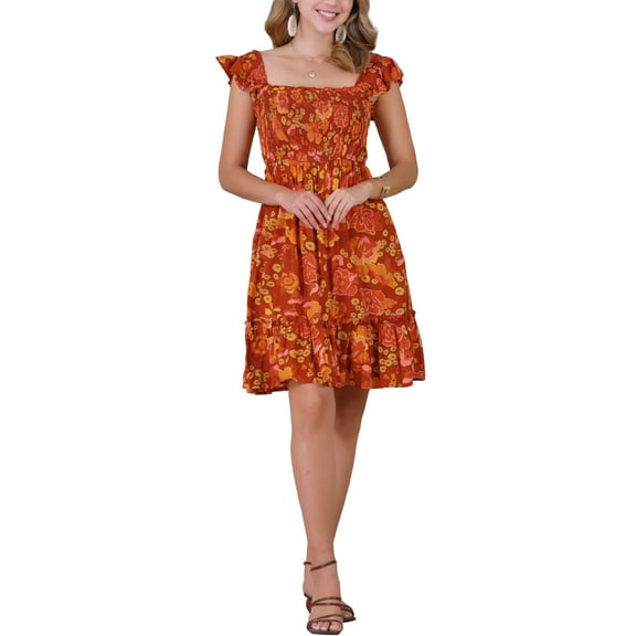 INSPIRE CHIC Floral Smocked Dress for Women's Sleeveless Square Neck Ruffled Dress S Red Orange