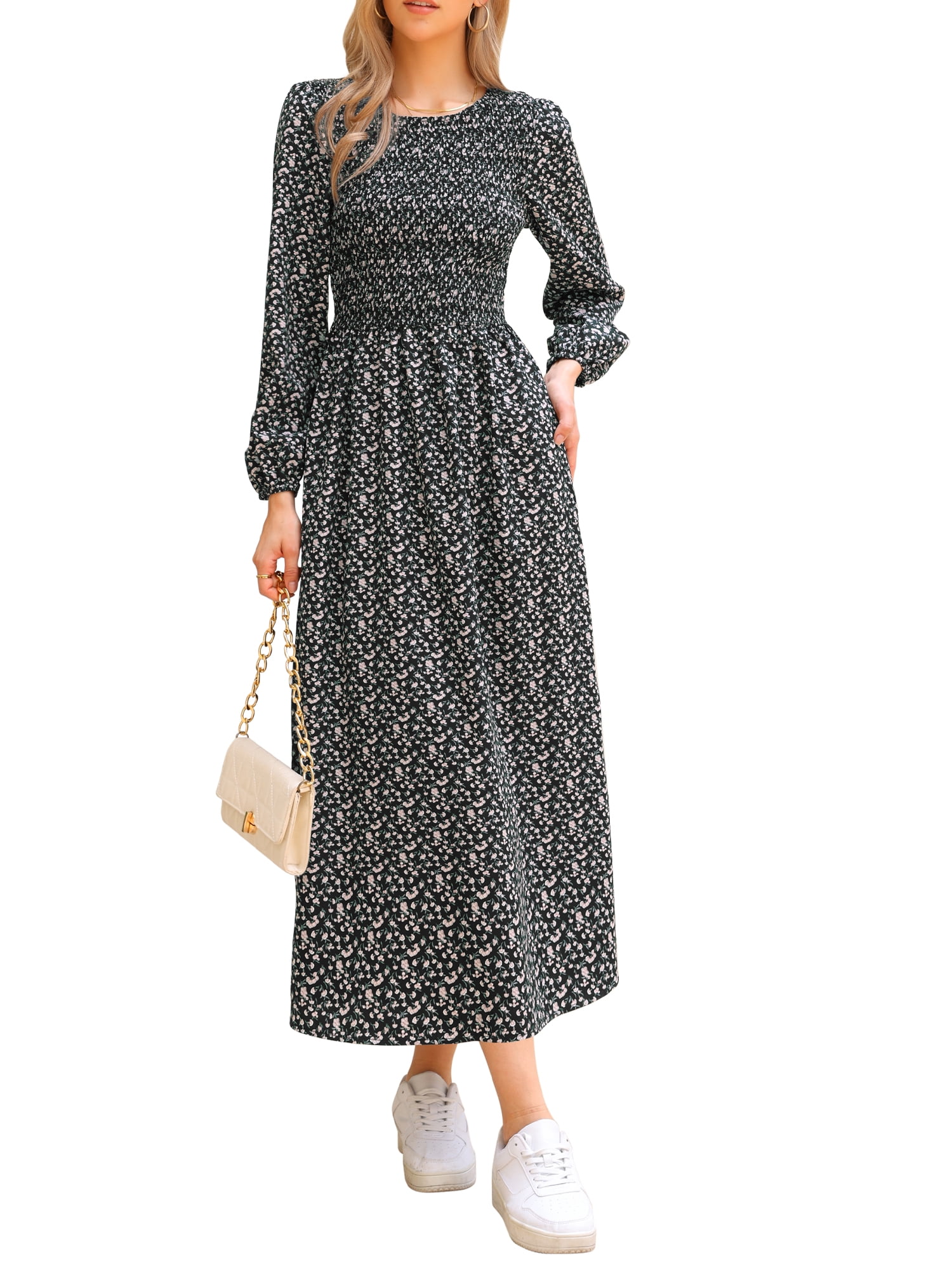 smocked maxi dress with sleeves Cecilia 100% Cotton Smocked Maxi Dress in Muted Pale Pink Plaid (Lined)
