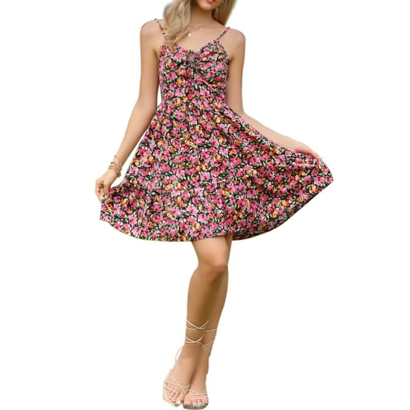 INSPIRE CHIC Floral Sundress for Womens Summer Spaghetti Straps Smocked Back A-Line Mini Dresses L Pink