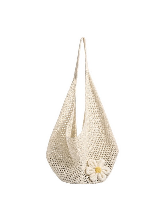 Flower Crochet Mesh Shoulder Bag for Women Lightweight Tote Purse with Open-Top Closure Beige