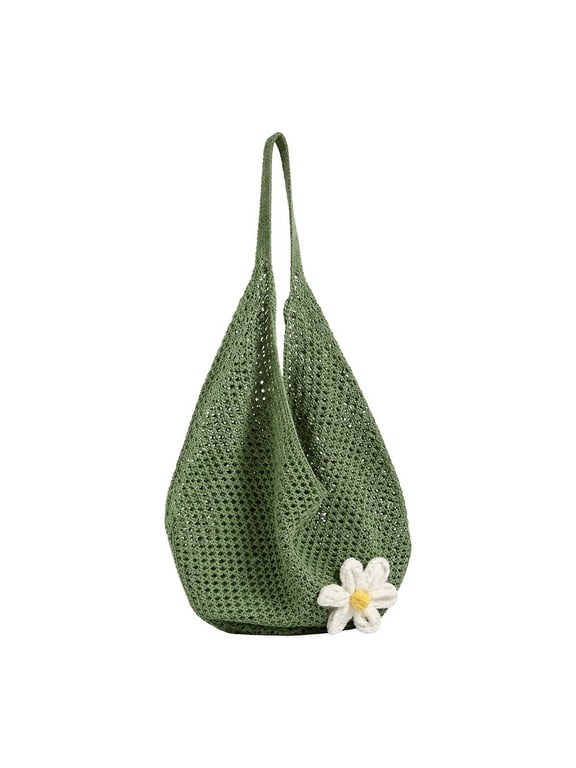 Flower Crochet Mesh Shoulder Bag for Women Lightweight Tote Purse with Open-Top Closure Green