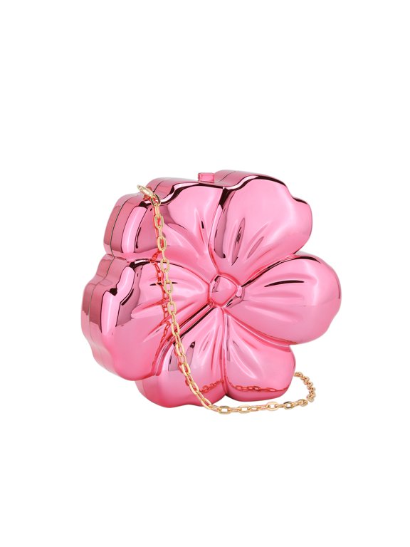 Flower Evening Bags Metallic Handbag Clutch Purses with Chain for Women Pink
