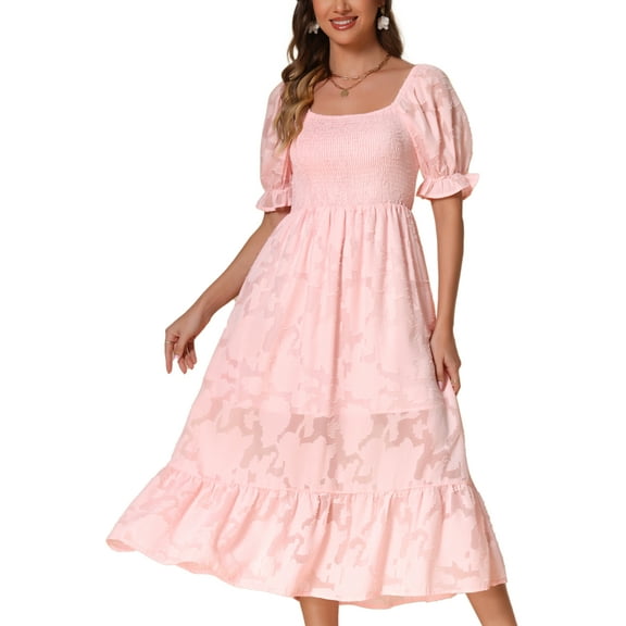 INSPIRE CHIC Women's Dress Floral Textured Flowy Tiered Midi Dresses Short Puff Sleeve Smocked Square Neck Dress M Light Pink