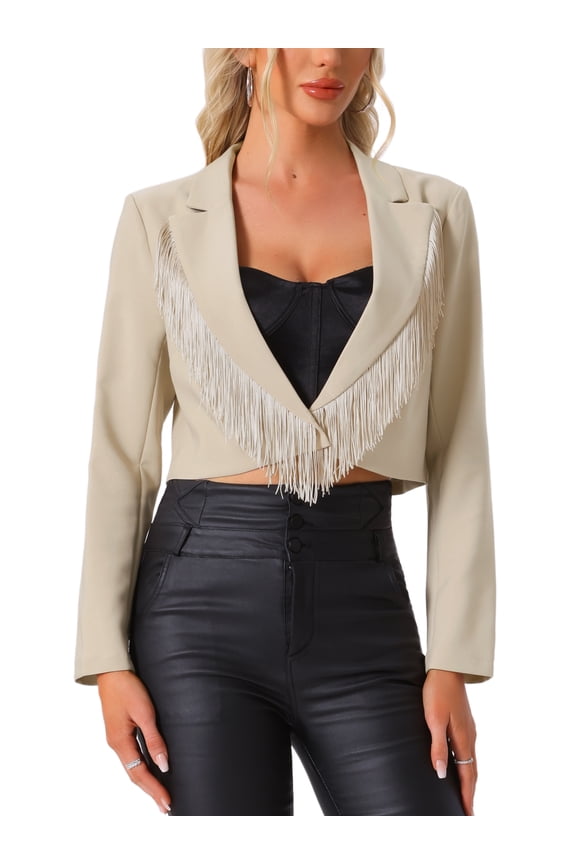 Fringe Blazer Jacket for Women's Long Sleeve Single Button Lapel Cocktail Party Jacket XL Apricot