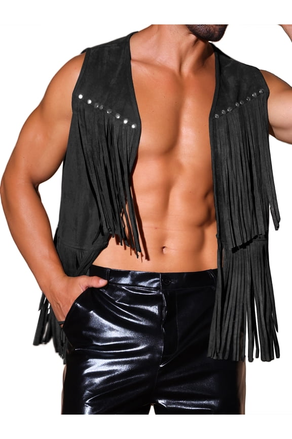 Men's Vests Tassel Fringe Retro Open Front Sleeveless Outerwear Vests S Black