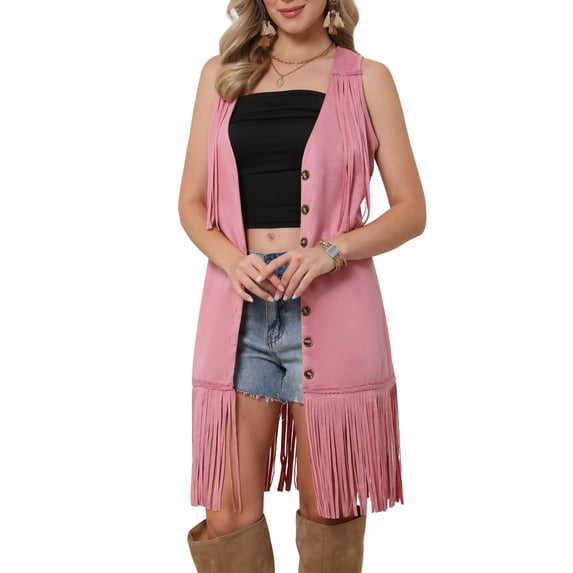 INSPIRE CHIC Fringe Vest for Women Faux Suede Sleeveless Cowgirl V Neck Button Down Western Long Cardigan Jacket S Pink