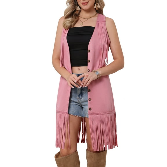 INSPIRE CHIC Fringe Vest for Women Faux Suede Sleeveless Cowgirl V Neck Button Down Western Long Cardigan Jacket XL Pink