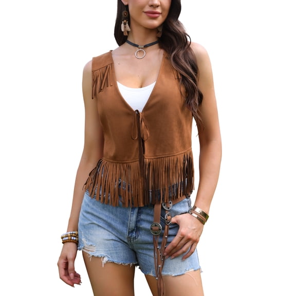 INSPIRE CHIC Fringe Vests for Women's Cowgirl Sleeveless Top Faux Suede Tassel Vest Top L Brown