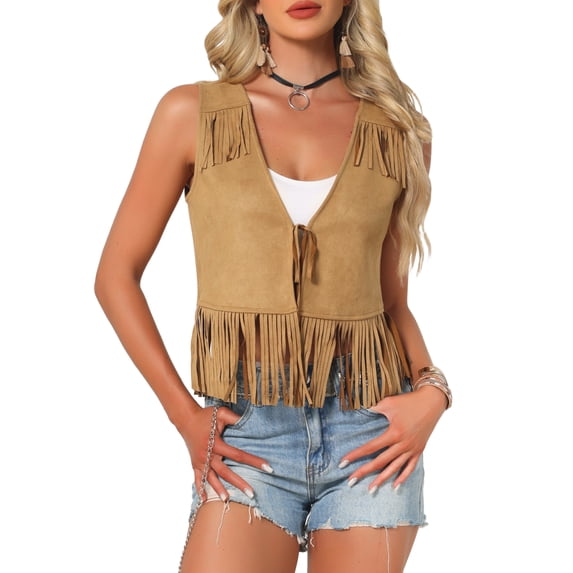 INSPIRE CHIC Fringe Vests for Women's Cowgirl Sleeveless Top Faux Suede Tassel Vest Top XL Light Brown
