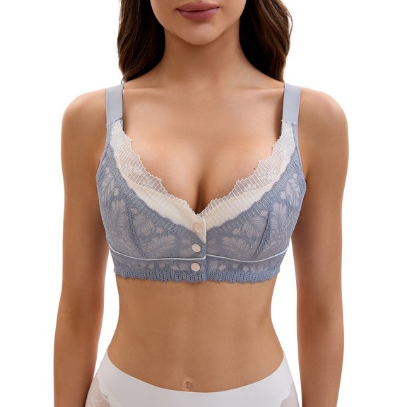 INSPIRE CHIC Mother's Day Front Closure for Women's Lace Full Coverage V Neck Wirefree Adjustable Straps Soft Bras XL Light Grey