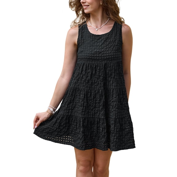 INSPIRE CHIC Gingham Dress for Women Sundress Sleeveless Plaid Flowy Swing Tiered Short Dresses 2XL Black