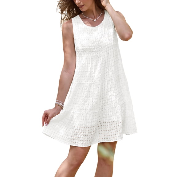 INSPIRE CHIC Gingham Dress for Women Sundress Sleeveless Plaid Flowy Swing Tiered Short Dresses L White