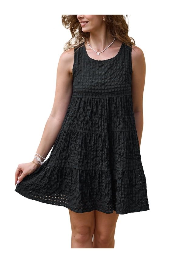 Gingham Dress for Women Sundress Sleeveless Plaid Flowy Swing Tiered Short Dresses S Black
