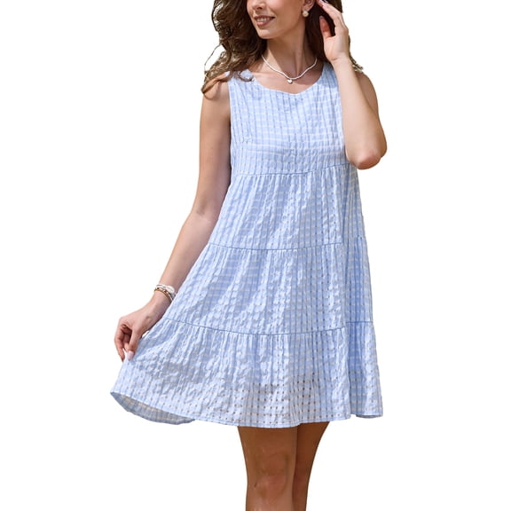 INSPIRE CHIC Gingham Dress for Women Sundress Sleeveless Plaid Flowy Swing Tiered Short Dresses S Light Blue