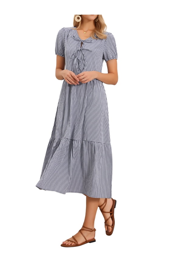 Women's Gingham Dress V Neck Short Sleeve Midi Dress M Black Blue