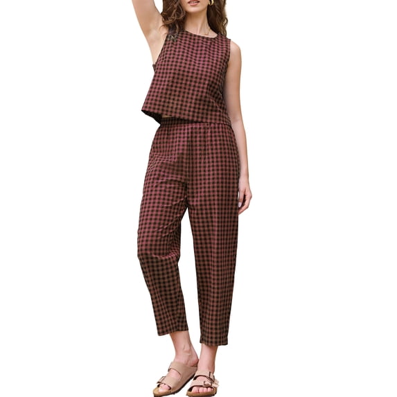 INSPIRE CHIC Gingham Pants Set for Women's 2 Piece Outfits Sleeveless Crop Top and Lounge Wide Leg Pants L Rust