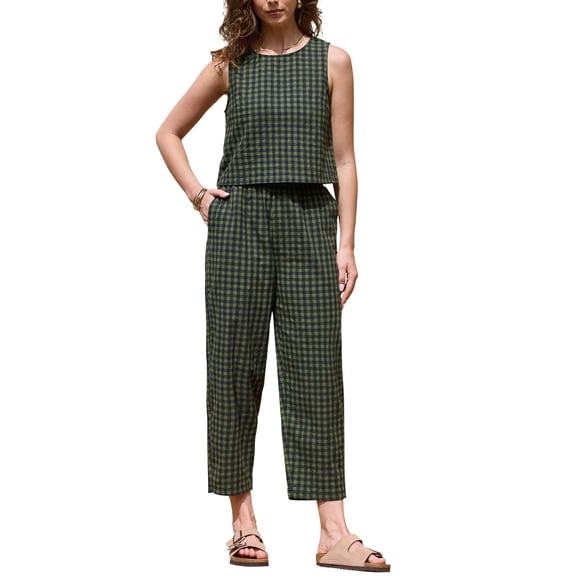 INSPIRE CHIC Gingham Pants Set for Women's 2 Piece Outfits Sleeveless Crop Top and Lounge Wide Leg Pants M Army Green
