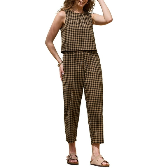 INSPIRE CHIC Gingham Pants Set for Women's 2 Piece Outfits Sleeveless Crop Top and Lounge Wide Leg Pants M Dark Khaki