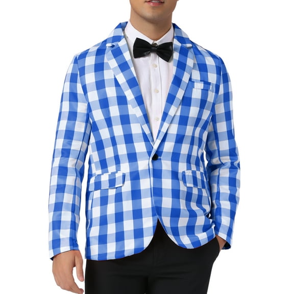 INSPIRE CHIC Men's Suit Gingham Plaid Single Breasted Regular Fit Notched Lapel Blazer L Blue White