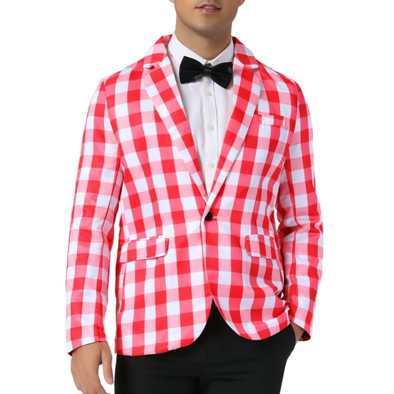 INSPIRE CHIC Men's Suit Gingham Plaid Single Breasted Regular Fit Notched Lapel Blazer L Red White