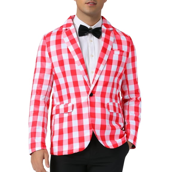 INSPIRE CHIC Men's Suit Gingham Plaid Single Breasted Regular Fit Notched Lapel Blazer M Red White