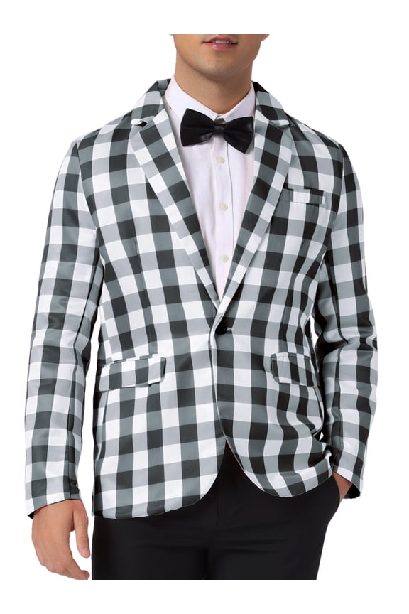 Men's Suit Gingham Plaid Single Breasted Regular Fit Notched Lapel Blazer S Black White