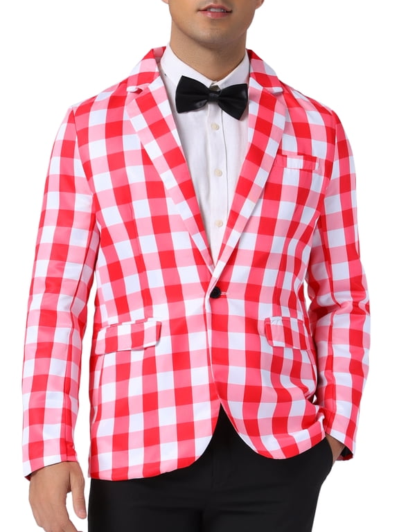 Men's Suit Gingham Plaid Single Breasted Regular Fit Notched Lapel Blazer XL Red White