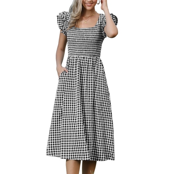 INSPIRE CHIC Women's Gingham Plaid Midi Dress Square Neck Smocked Waist Ruffle Cuff Casual Dress Black S