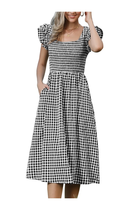 Women's Gingham Plaid Midi Dress Square Neck Smocked Waist Ruffle Cuff Casual Dress Black XL