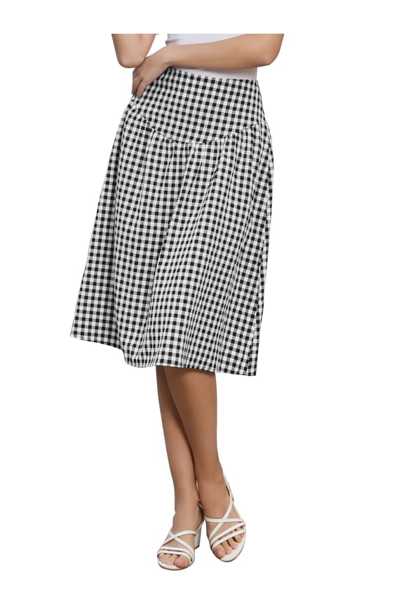 Gingham Skirt for Womens Summer Retro High Waist Below Knee Length Flared Skirts M Black
