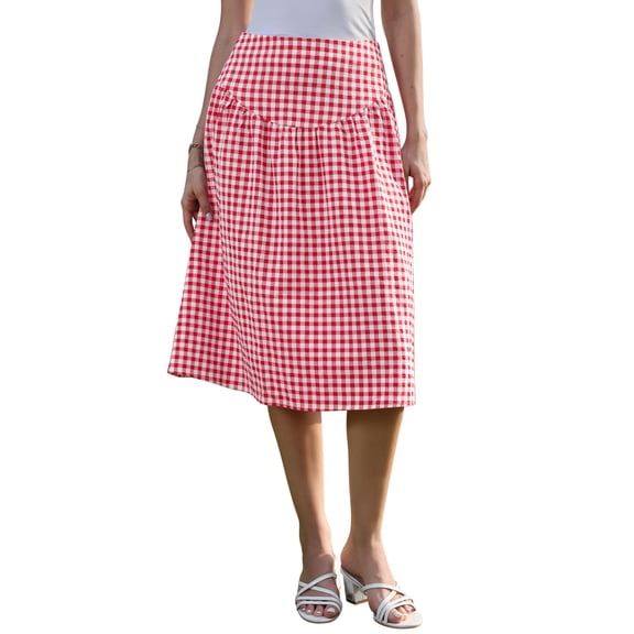 INSPIRE CHIC Gingham Skirt for Womens Summer Retro Below Knee Length Flared Skirts M Red