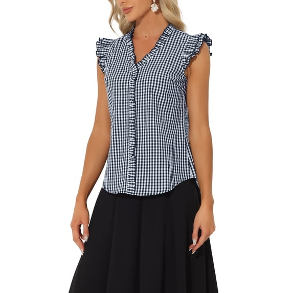 INSPIRE CHIC Women's Gingham Blouse V Neck Ruffle Cap Sleeve Plaid Shirts Navy Blue M