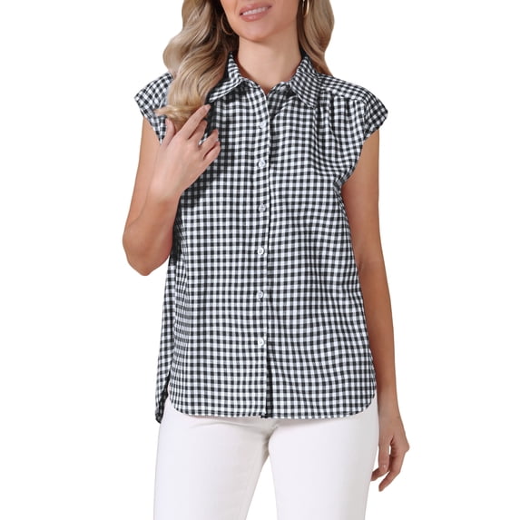 INSPIRE CHIC Gingham Top for Women's Work Cap Sleeve Vintage Plaid Button Down Shirts XL Black