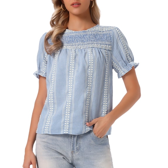 INSPIRE CHIC Gingham Tops for Women's Peasant Plaid Smocked Ruffle Puff Sleeve Blouses S Light Blue