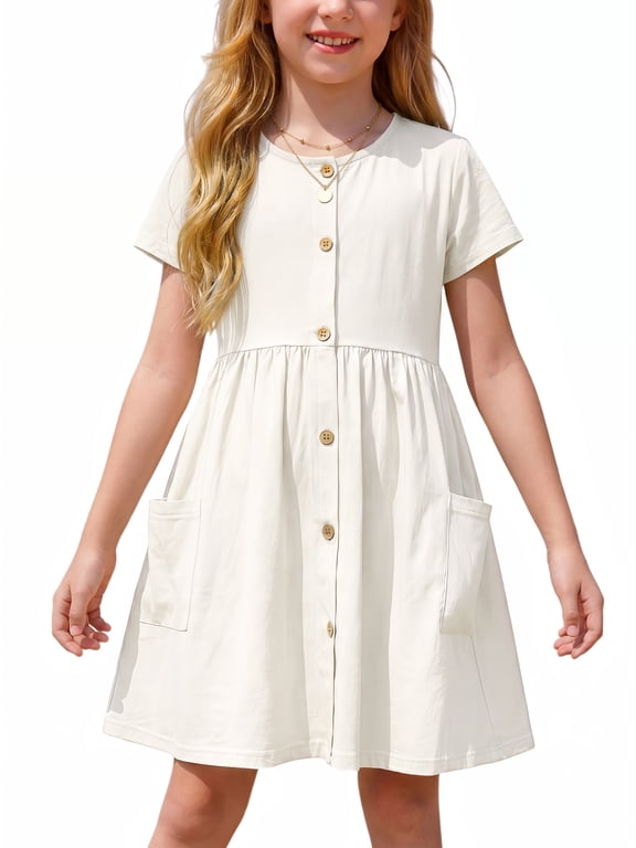 Girls Cotton Print Dress Short Sleeve Button Down A-Line Sundress with Patch Pockets Casual Summer Outfit 10 Years White