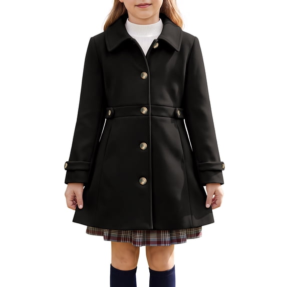 INSPIRE CHIC Girls' Halloween Winter Pea Coat Classic Lapel Collar Lightweight Warm Overcoat with Pockets for School & Parties 5-6 Years Black