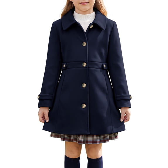 INSPIRE CHIC Girls' Halloween Winter Pea Coat Classic Lapel Collar Lightweight Warm Overcoat with Pockets for School & Parties 5-6 Years Dark Blue