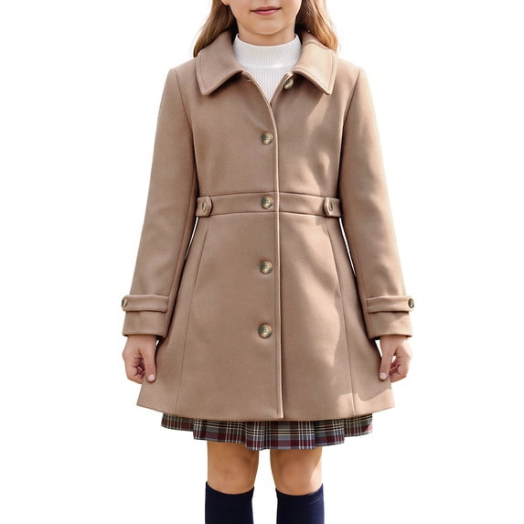 INSPIRE CHIC Girls' Halloween Winter Pea Coat Classic Lapel Collar Lightweight Warm Overcoat with Pockets for School & Parties 9-10 Years Khaki