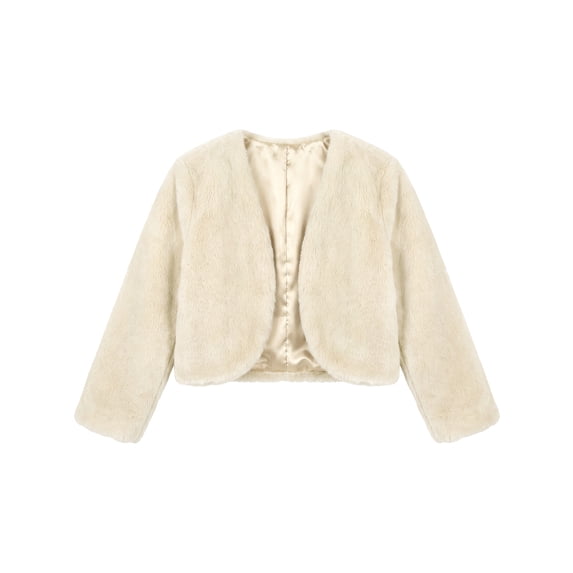 INSPIRE CHIC Girls' Halloween Faux Fur Bolero Shrug Soft Plush Cropped Open Front Jacket with Pockets for Winter Parties 9-10 Years Apricot