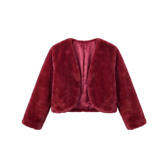 INSPIRE CHIC Girls' Halloween Faux Fur Bolero Shrug Soft Plush Cropped Open Front Jacket with Pockets for Winter Parties 9-10 Years Burgundy