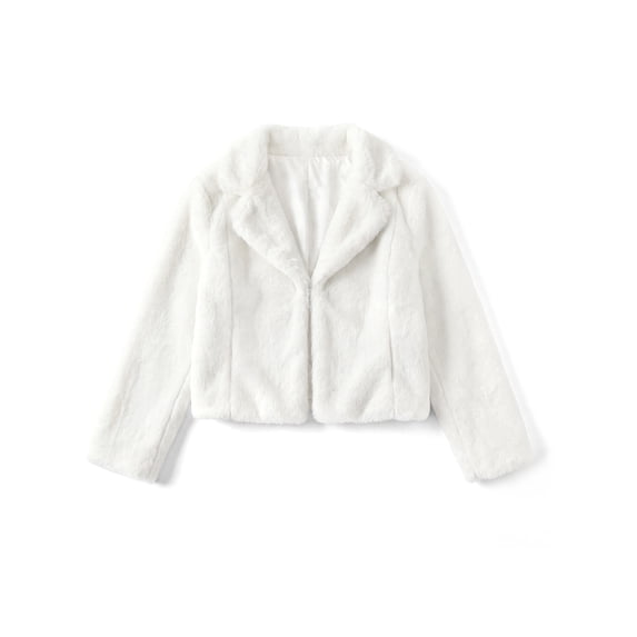 INSPIRE CHIC Girls Halloween Faux Fur Bolero Jacket Cropped Lapel Shrug Coat with Pockets Soft Fluffy Long Sleeve Outerwear for Parties & Winter 9-10 Years White