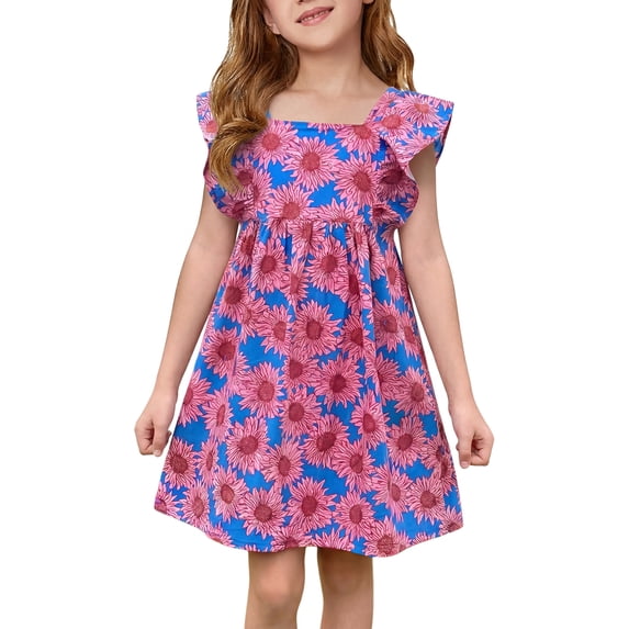 INSPIRE CHIC Girls Floral Flutter Sleeve Dress Cotton Blend A-Line Sundress with Ruffle Details Casual Summer Party Outfit 5-6 Years Blue Flower